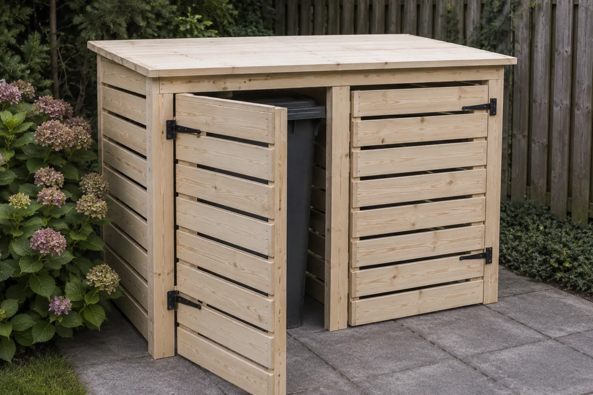 Mülltonnenbox aus Nadelholz im Garten, sichtbare Lattung und Türbeschläge