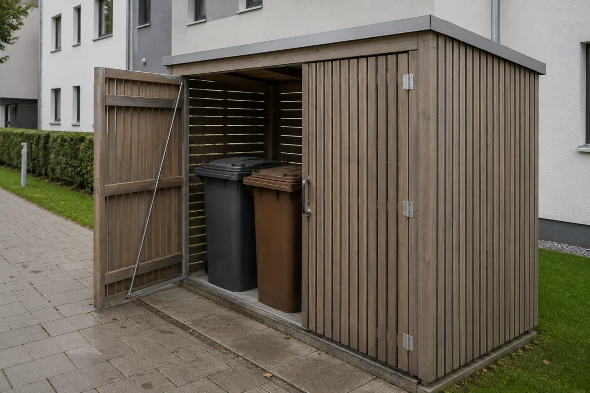 Größeres Mülltonnenhaus mit Pultdach an einem Mehrfamilienhaus