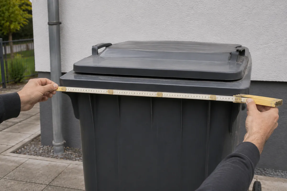Zollstock an einer Mülltonne, gemessen wird die Breite an der breitesten Stelle