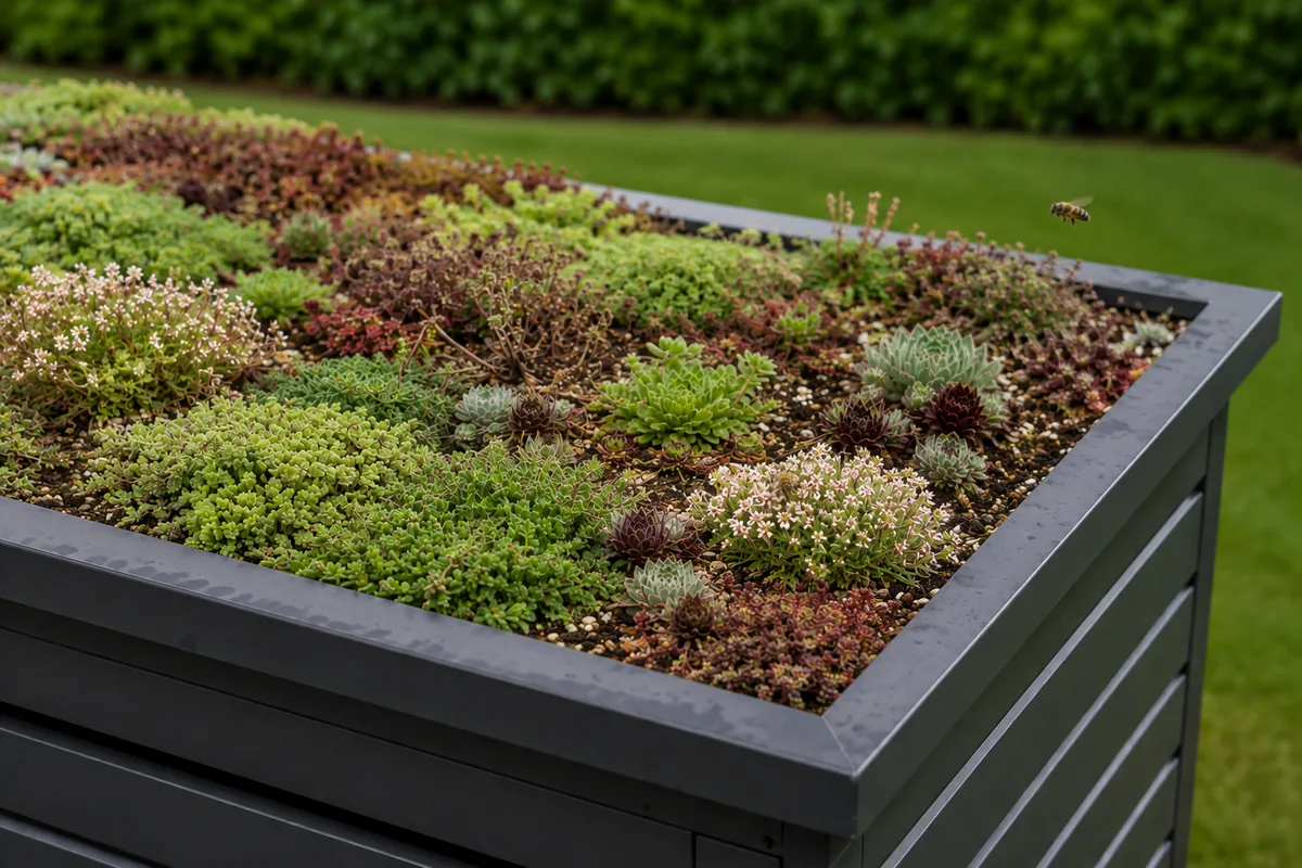 Bepflanzte Dachwanne einer Mülltonnenbox mit Sedum und Hauswurz
