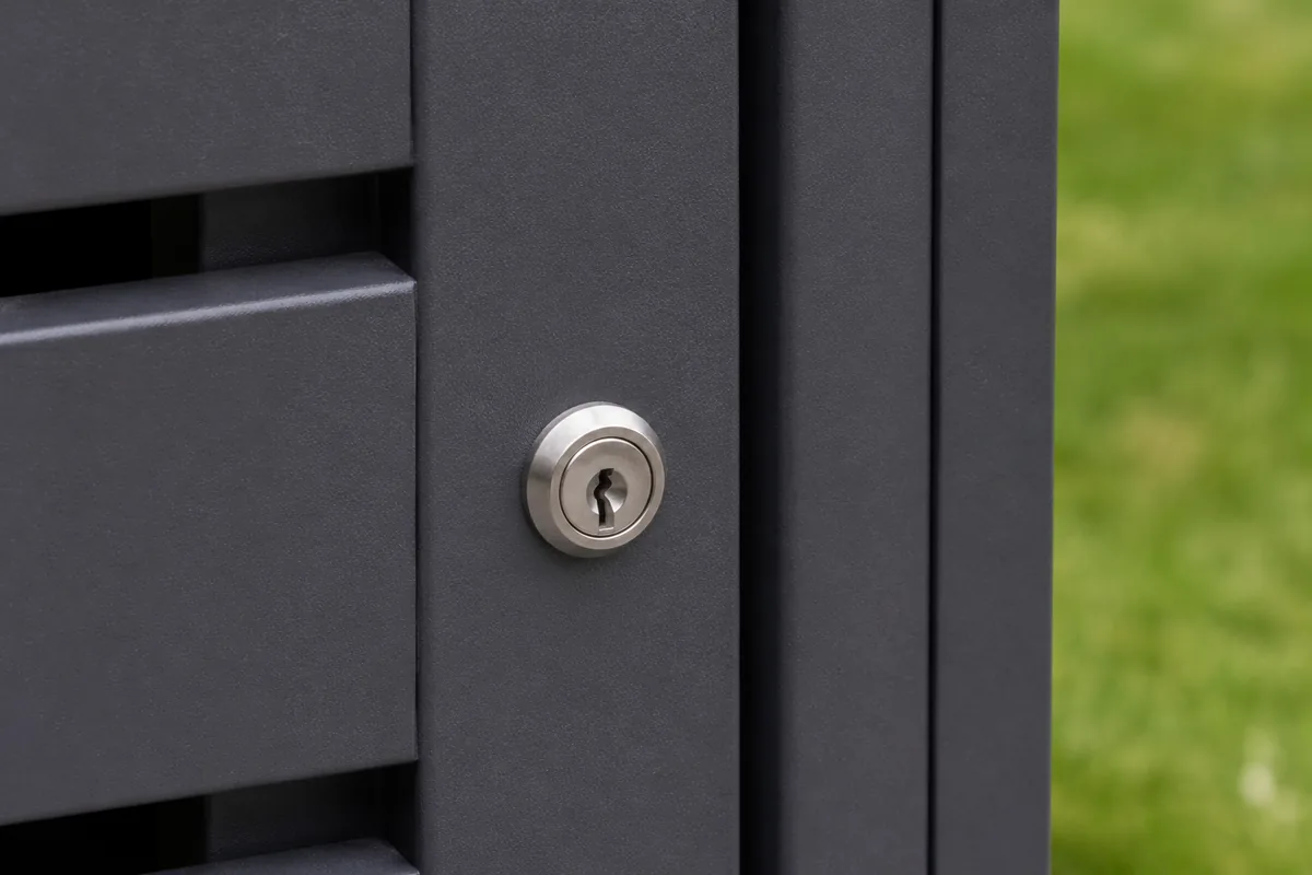 Zylinderschloss in der Tür einer Metall-Mülltonnenbox aus der Nähe