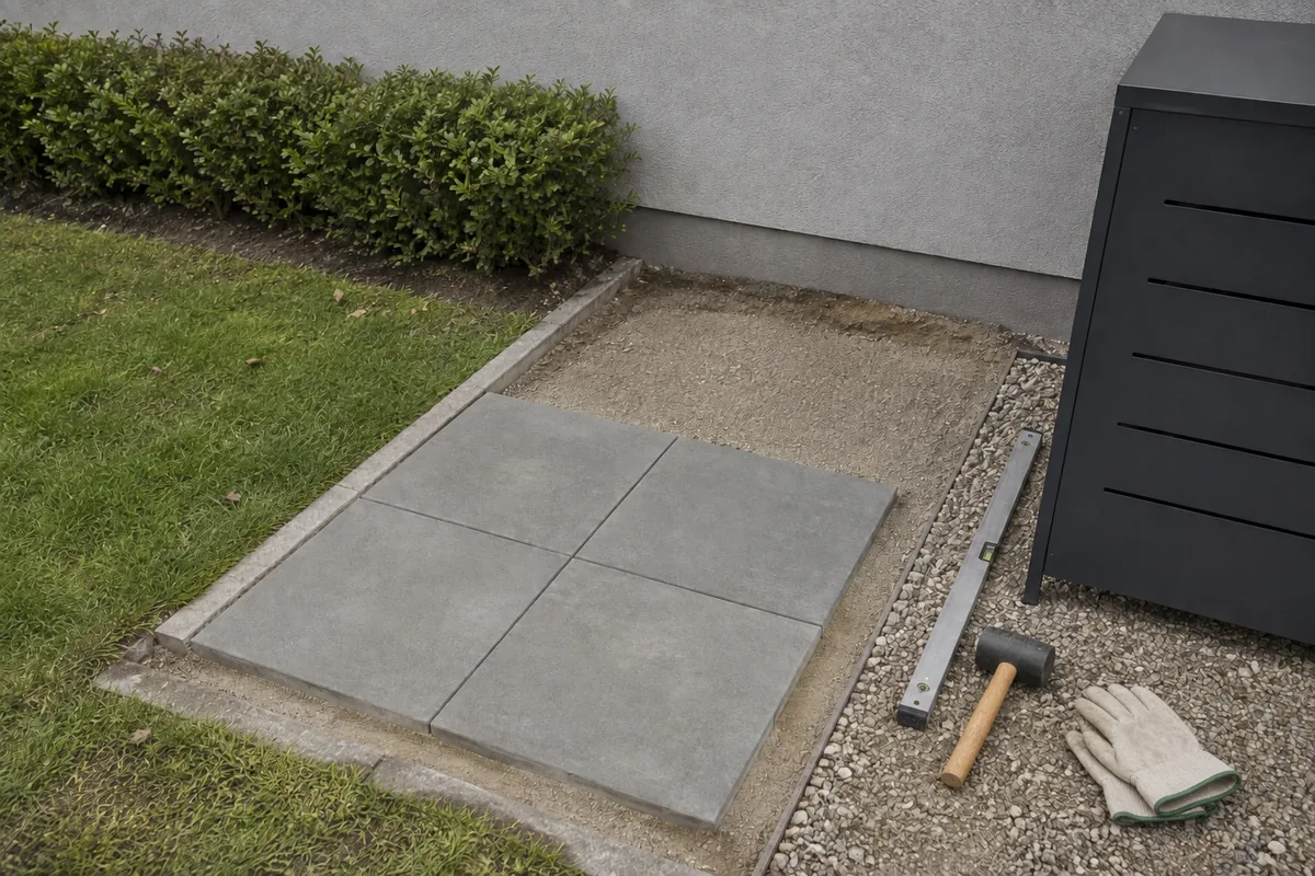 Verdichteter Schotter mit Gehwegplatten als Standfläche neben einer Mülltonnenbox