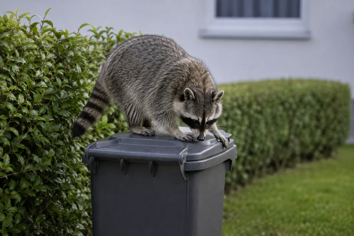 Waschbär sitzt am Rand einer geschlossenen Mülltonne in einem Vorgarten